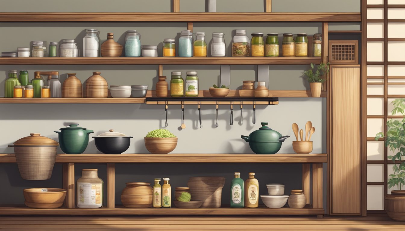 A traditional Japanese kitchen with various cold-pressed oils displayed on wooden shelves, alongside fresh ingredients and cooking utensils