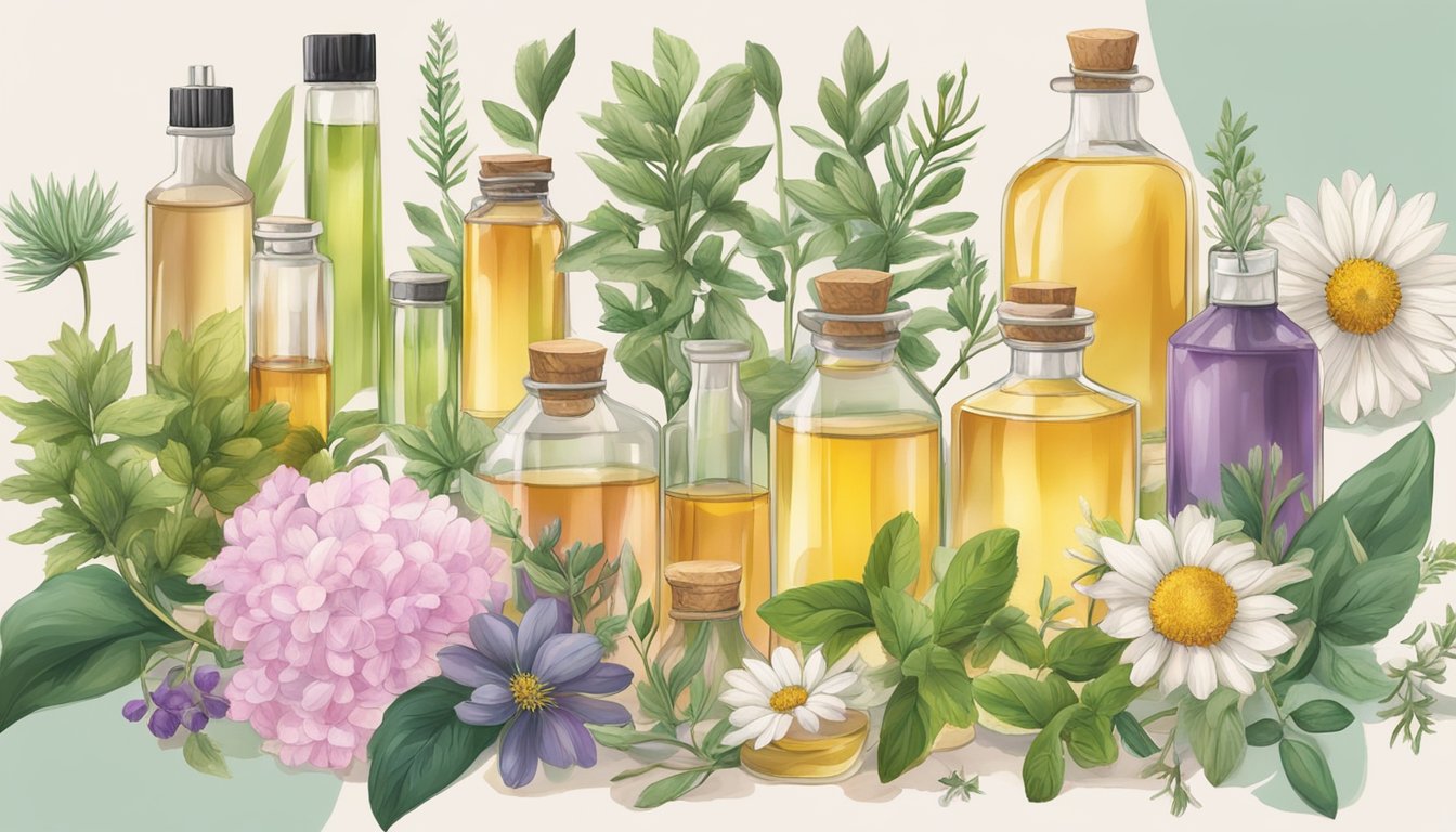 A table filled with various cold pressed oils, essential oils, and perfume bottles, surrounded by fresh herbs and flowers for DIY perfume and cologne making