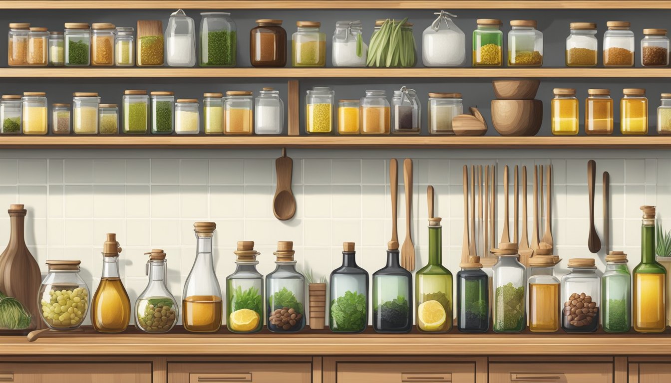 A traditional Japanese kitchen with shelves filled with various cold-pressed oils in glass bottles, alongside wooden utensils and fresh ingredients