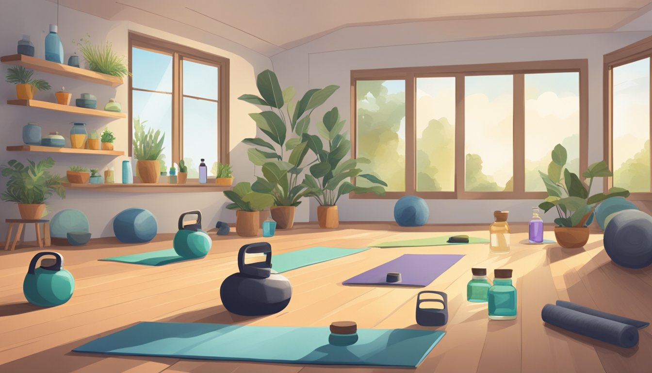 A serene yoga studio with bottles of cold-pressed oils and workout recovery equipment scattered around