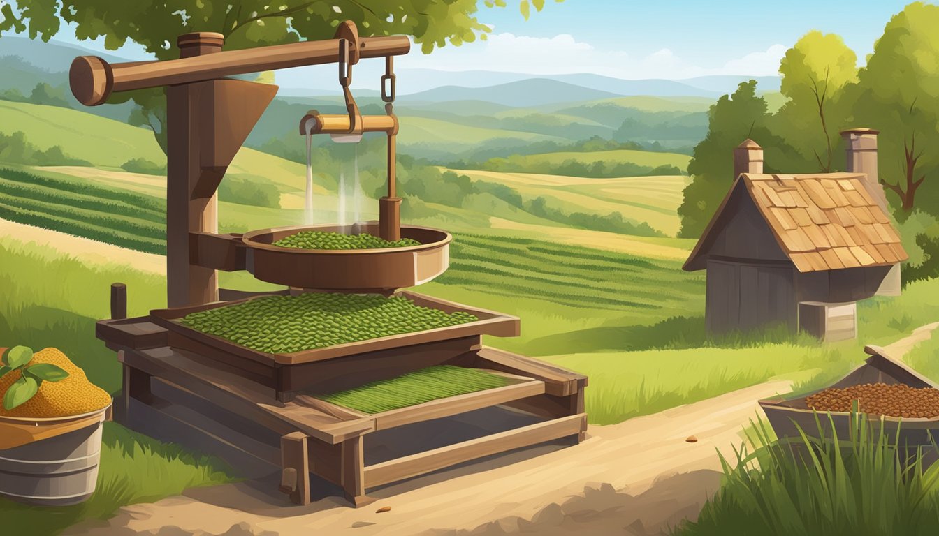 A serene countryside landscape with a wooden press extracting oil from various seeds and nuts. The process is depicted in detail, showcasing the natural and traditional method of cold-pressing oils