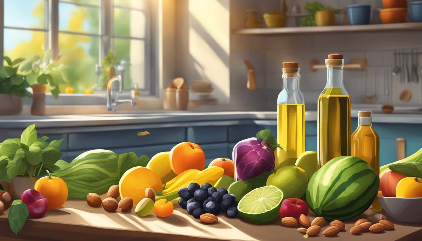 A vibrant kitchen scene with a variety of fruits, vegetables, and nuts surrounding a bottle of cold pressed oil, with rays of sunlight streaming in through the window