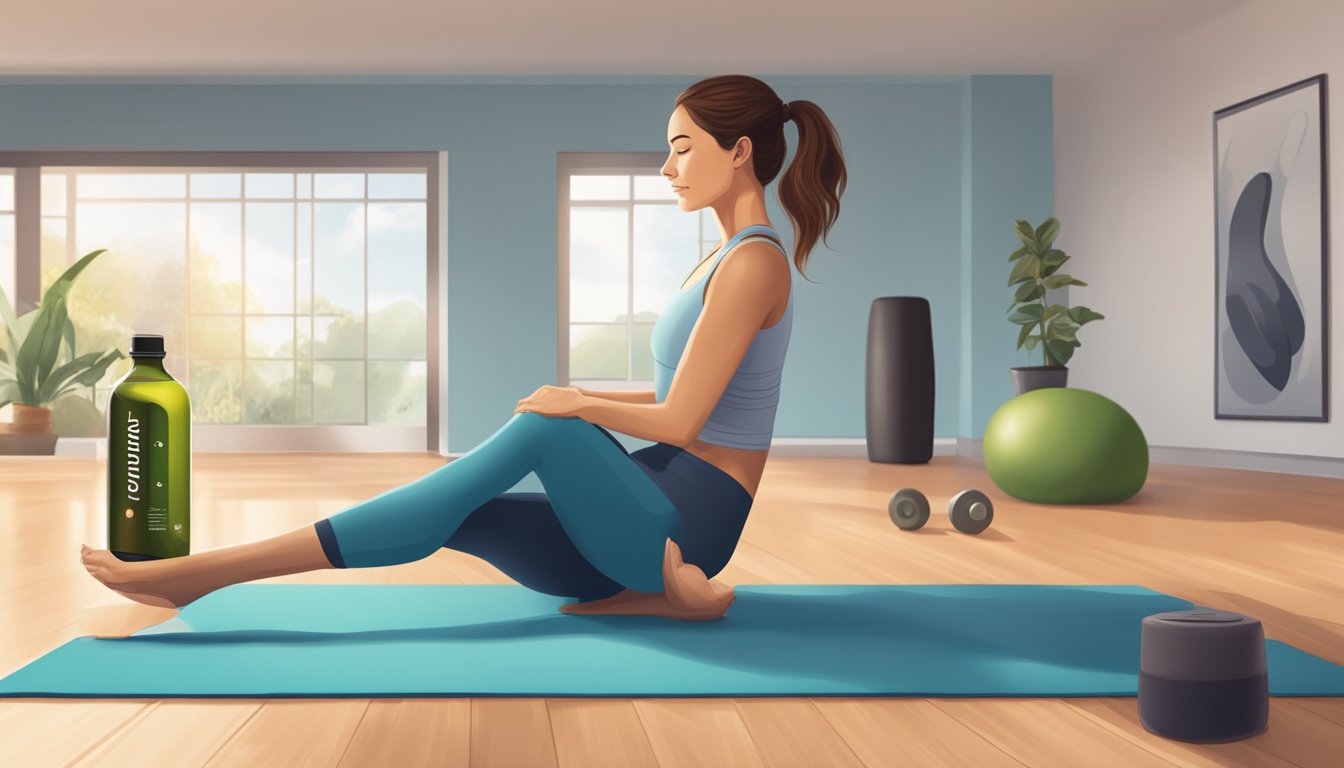 A bottle of cold-pressed oils next to a yoga mat and workout equipment, with a person resting in the background