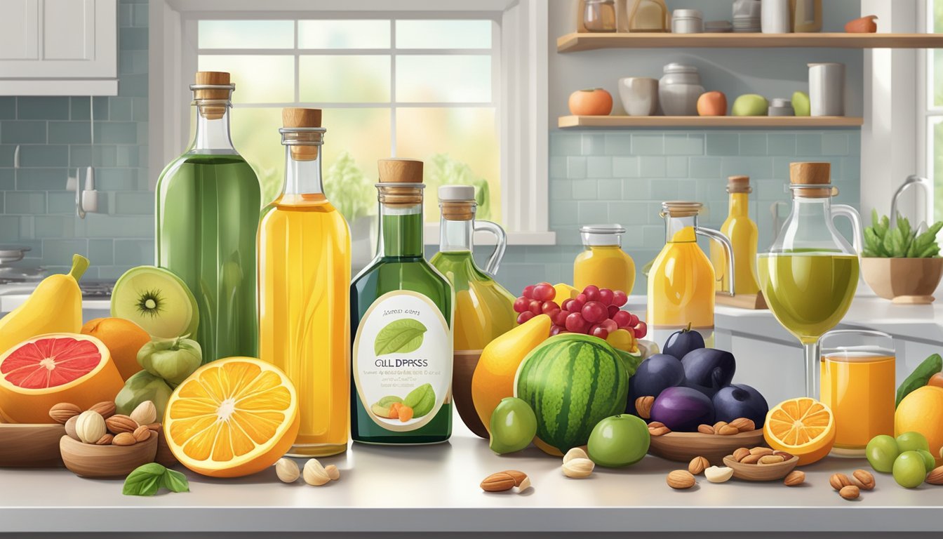 A kitchen scene with a variety of colorful fruits, vegetables, and nuts, alongside bottles of cold pressed oils, set against a backdrop of a bright and airy kitchen