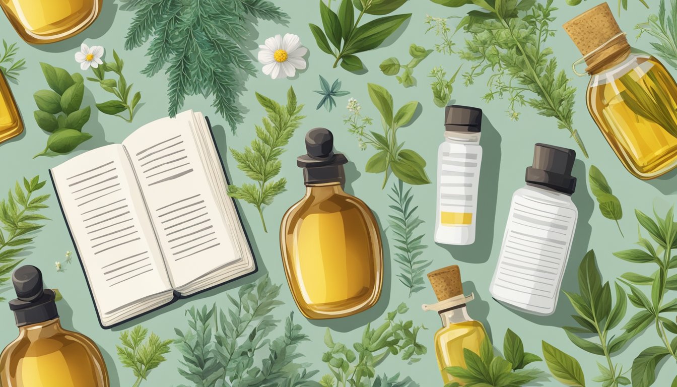 A bottle of cold-pressed oil surrounded by various plants and herbs, with a scientific journal open to an article on autoimmune disorders