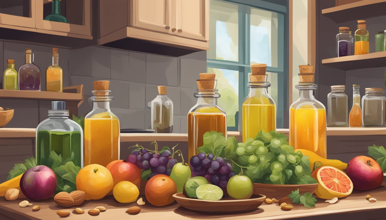 A cozy kitchen with a variety of colorful fruits, vegetables, and nuts surrounding bottles of cold pressed oils, with a warm, inviting atmosphere