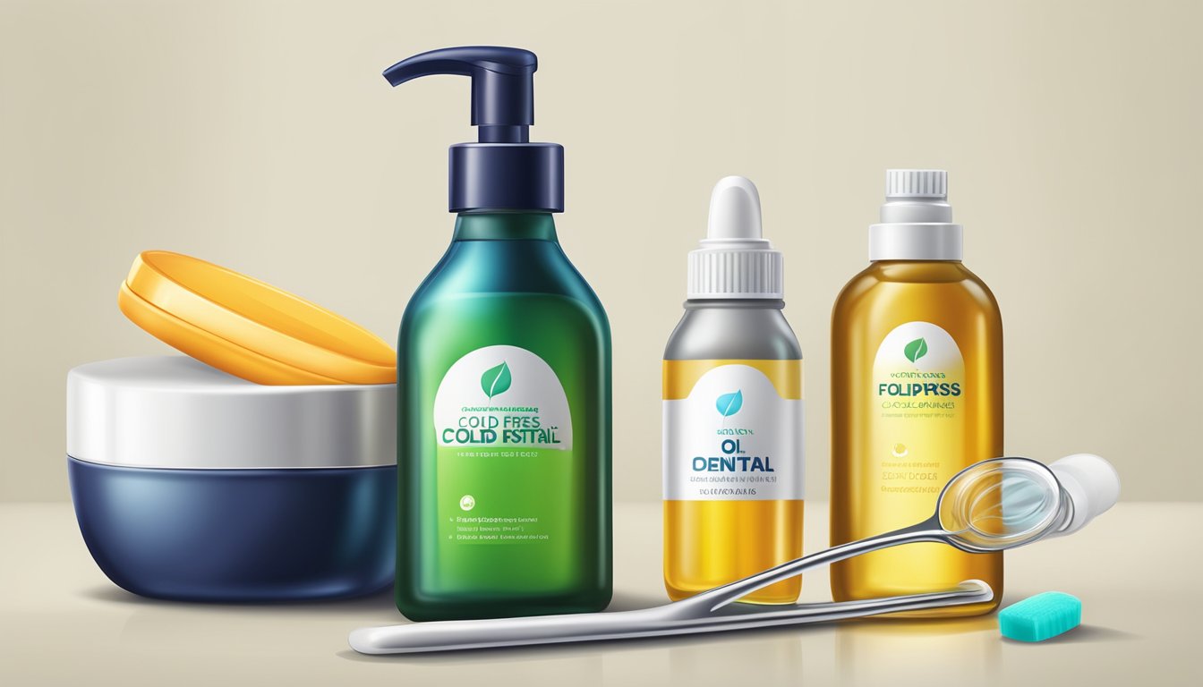 A bottle of cold pressed oil beside a toothbrush and dental floss