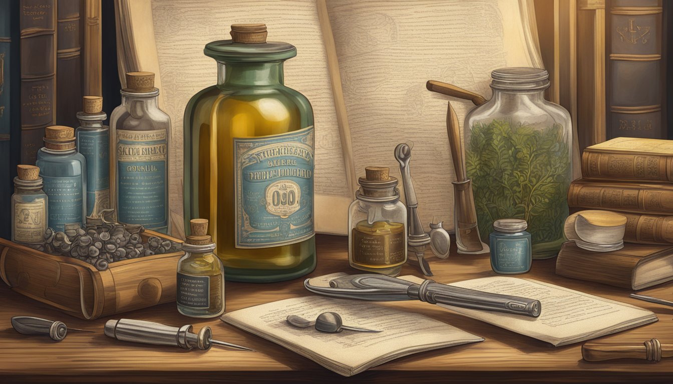 A vintage apothecary table with bottles of cold-pressed oils and dental tools, set against a backdrop of historical medical texts and illustrations