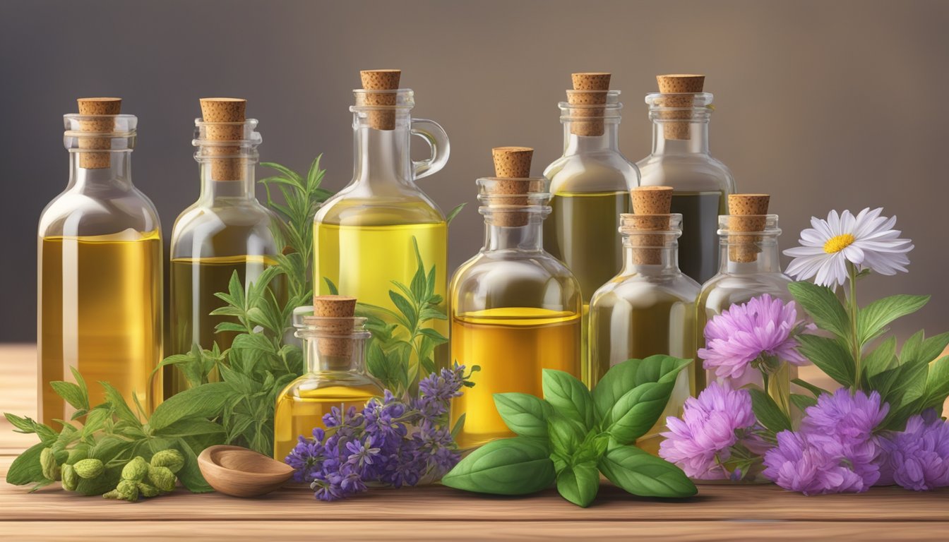 A collection of various cold-pressed oils and essential oils arranged on a wooden table, surrounded by aromatic herbs and flowers