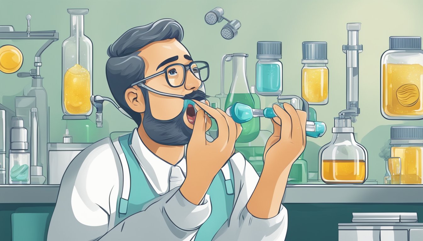 A person swishing cold-pressed oil in their mouth, surrounded by scientific equipment and dental hygiene products