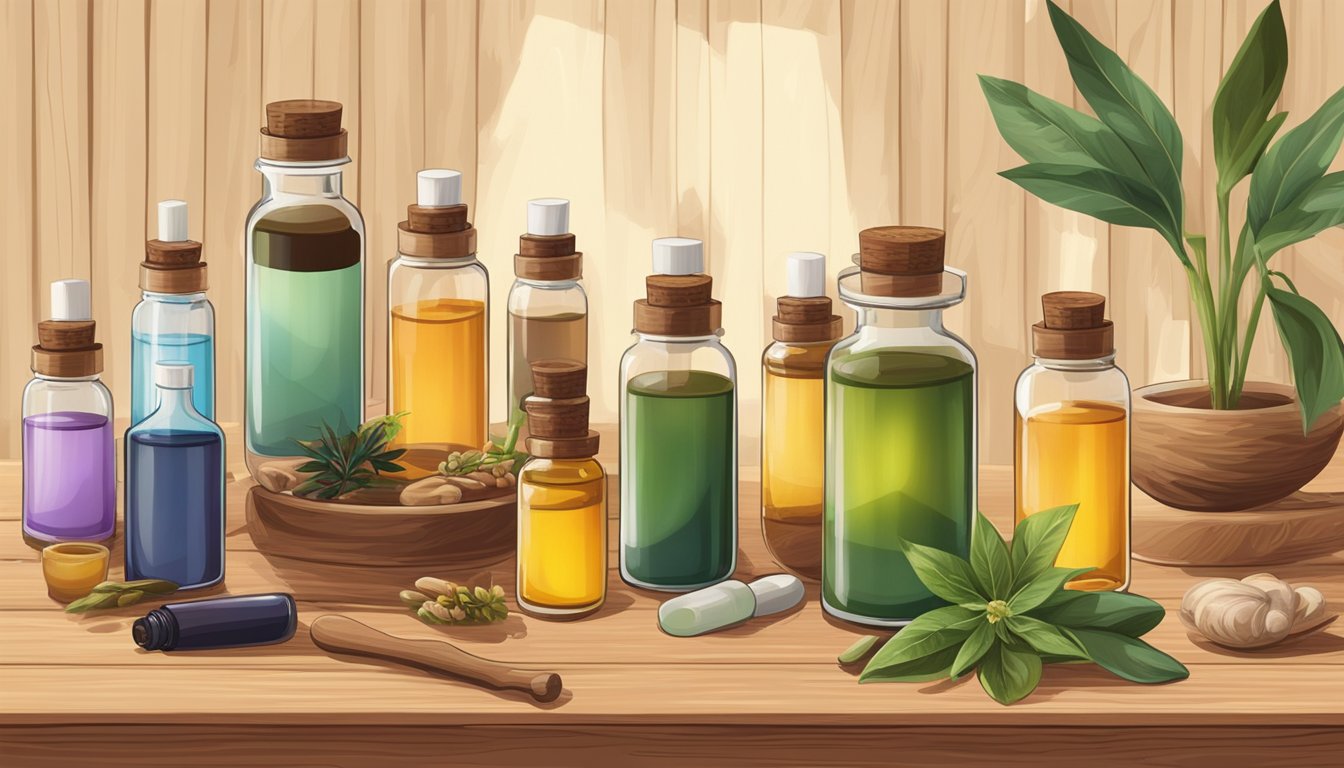 Aromatherapist carefully pouring cold pressed oils into a glass bottle, surrounded by various essential oil bottles and a diffuser on a wooden table