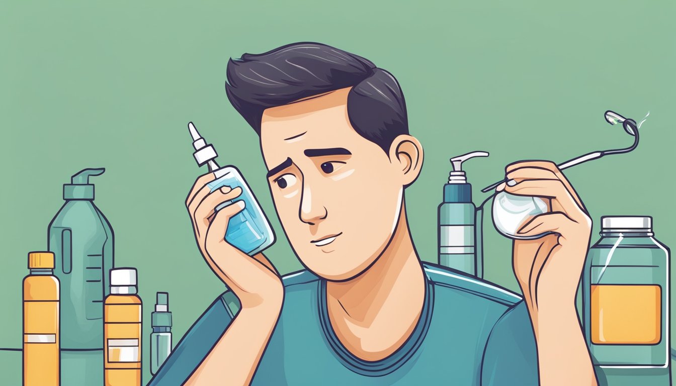 A person holding a bottle of cold-pressed oil next to a toothbrush and dental floss, with a concerned expression