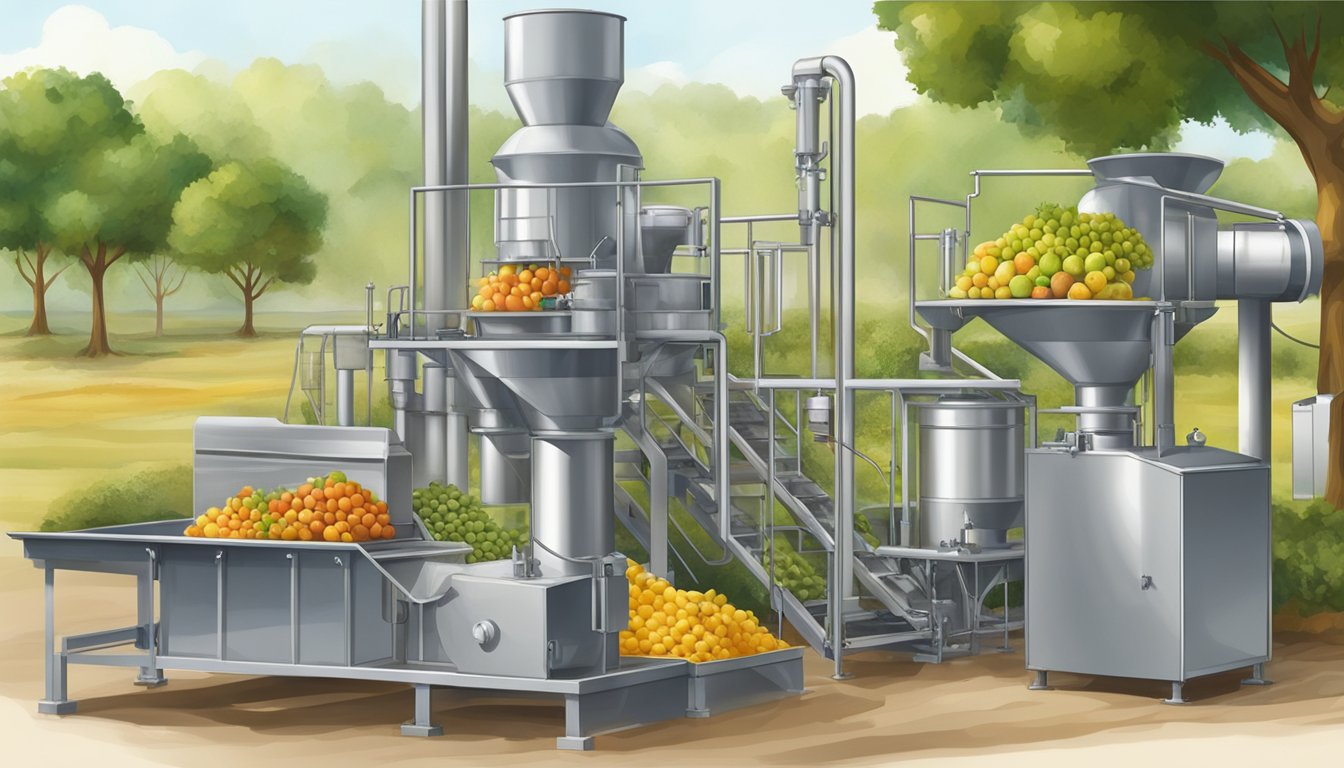 A collection of various fruits and seeds being pressed to extract oils, with machinery and equipment used in the cold pressing process