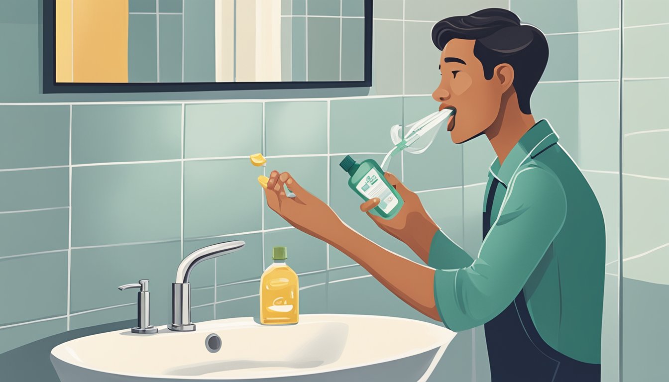 A person standing at a bathroom sink, swishing oil in their mouth while holding a bottle of cold-pressed oil. A toothbrush and floss sit nearby