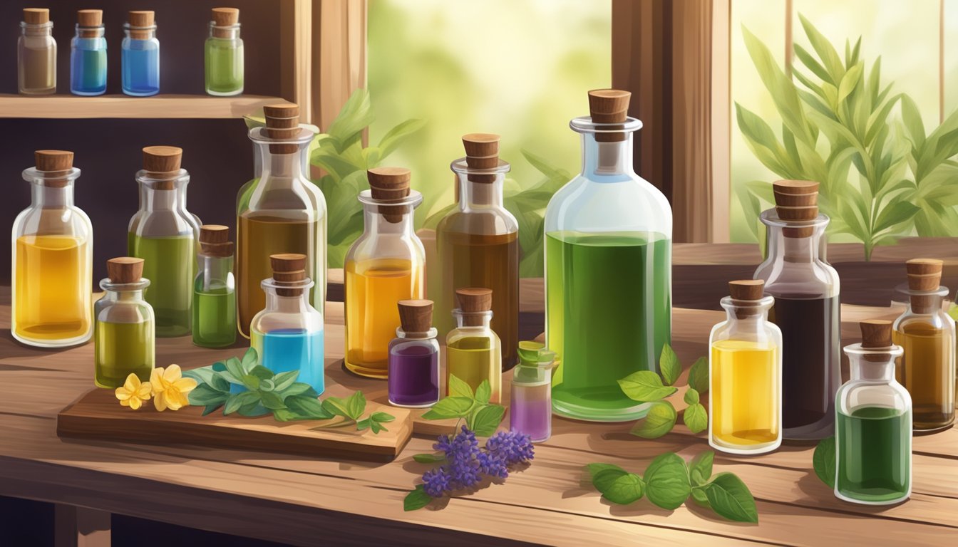 Aromatherapist mixing cold pressed oils in a glass bottle on a wooden table with various essential oil bottles in the background