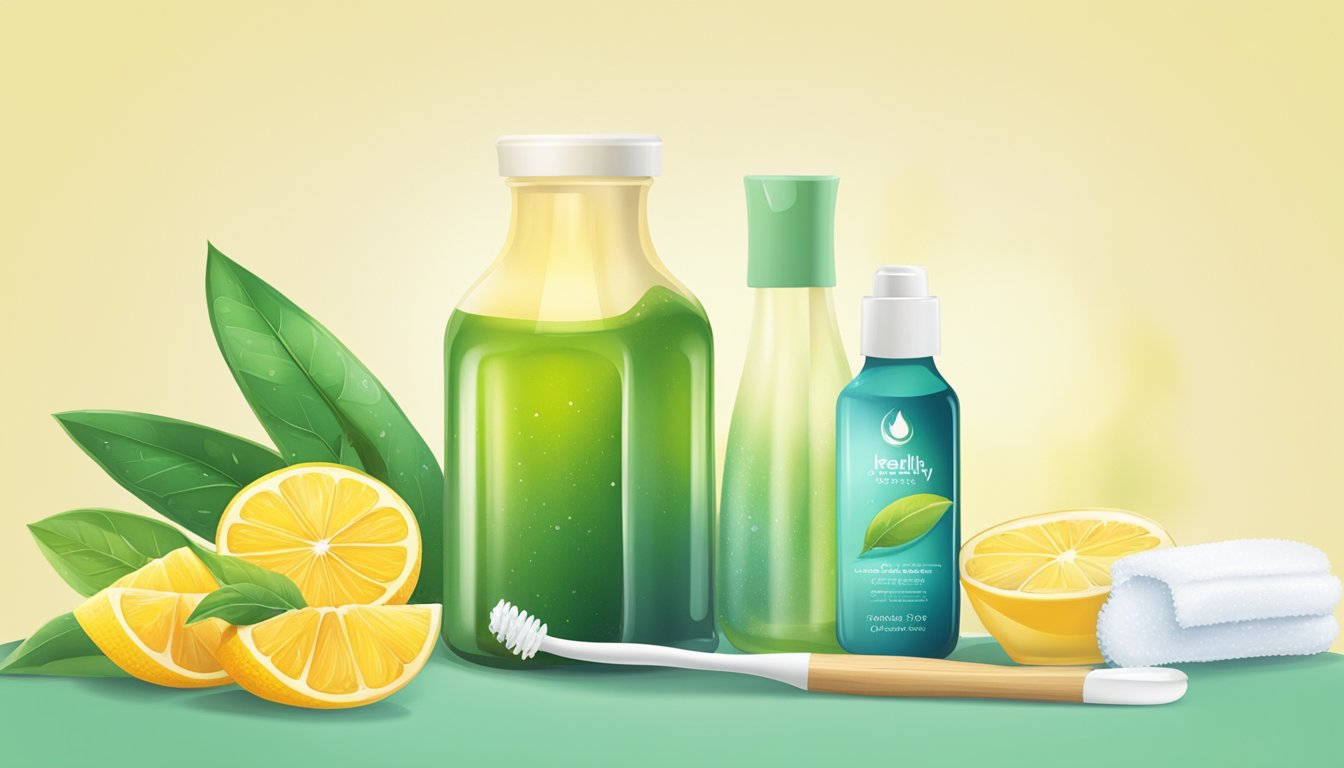 A bottle of cold-pressed oil next to a toothbrush and a healthy, vibrant smile