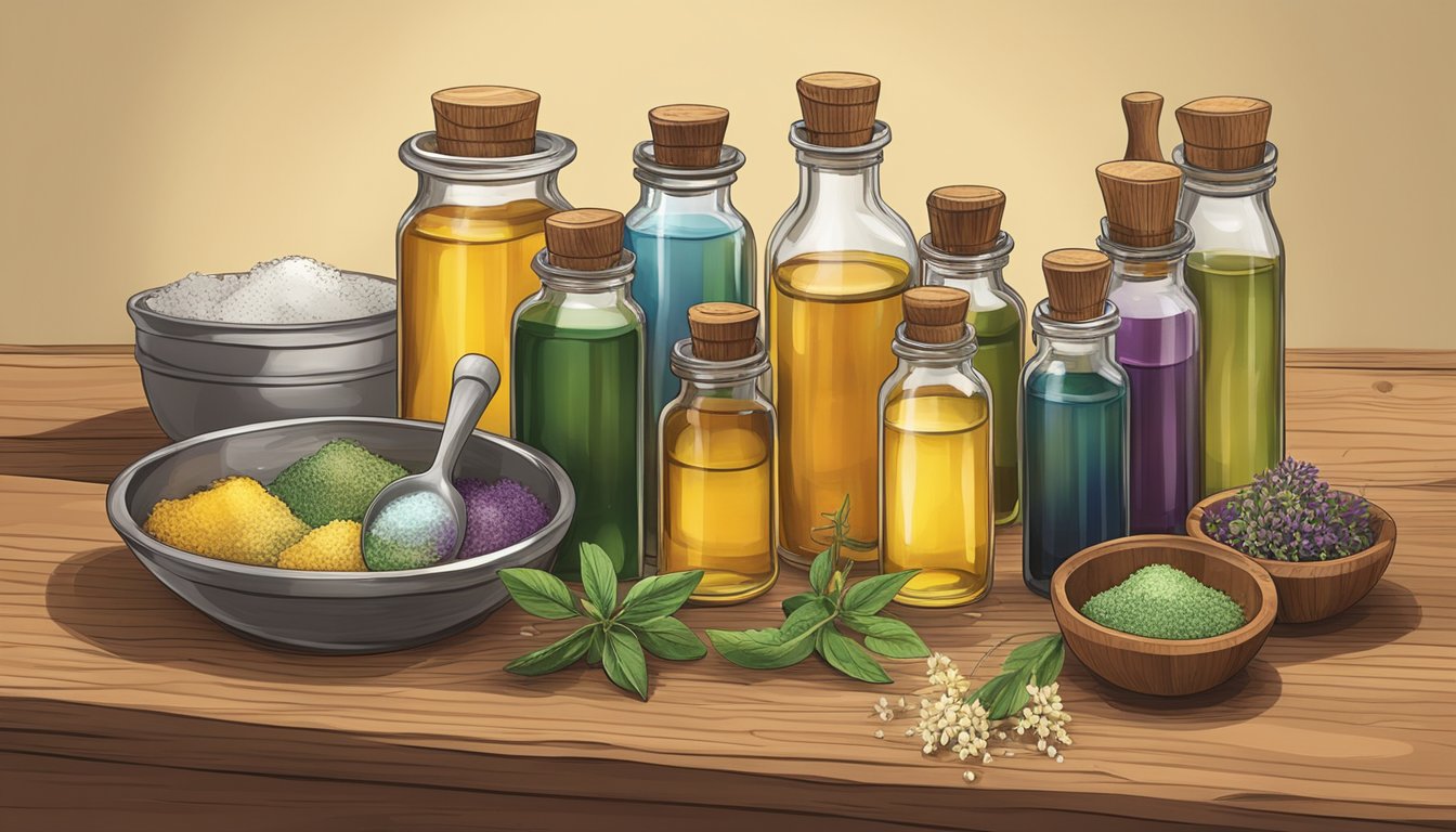 A wooden table with various essential oils, beeswax, and carrier oils. Measuring spoons, glass bottles, and a mixing bowl are arranged neatly