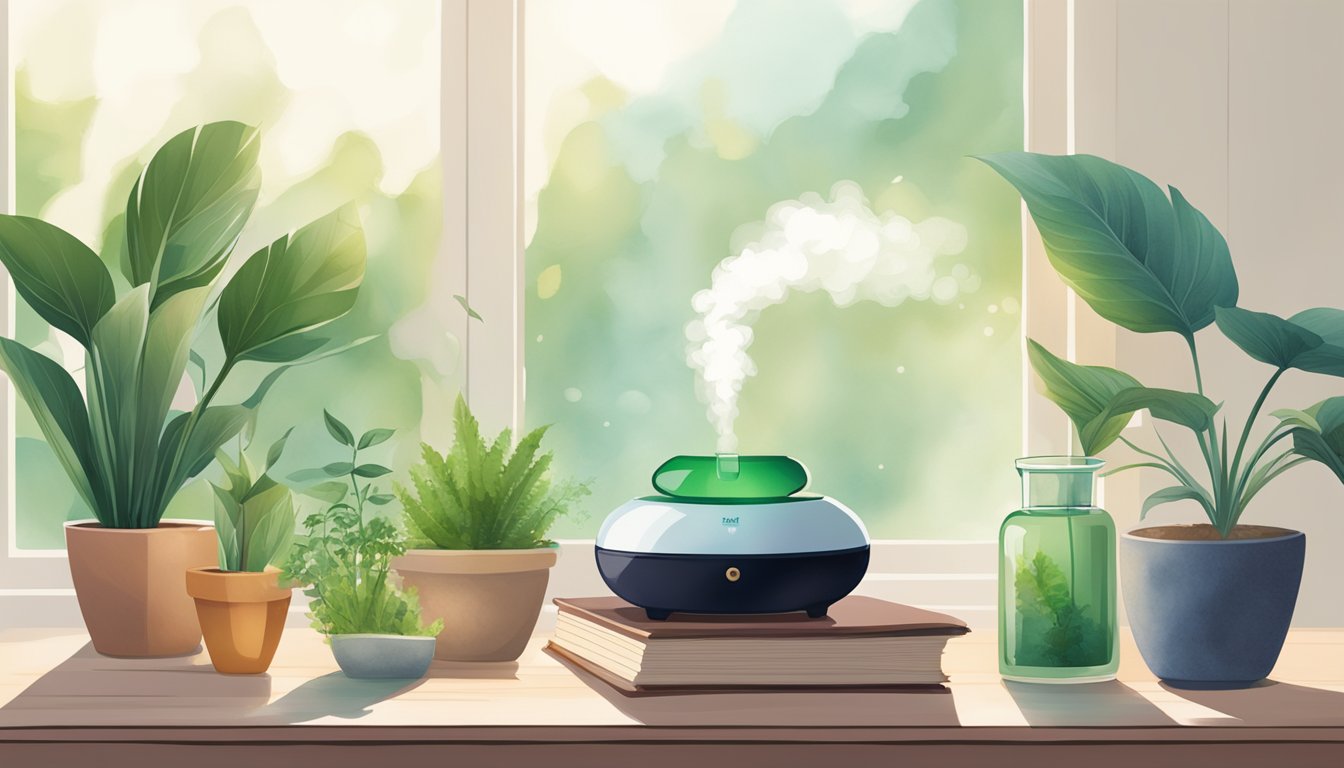 Aromatherapy diffuser releasing cold pressed essential oils, surrounded by plants and books, creating a focused and serene environment