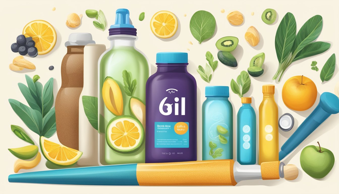 A bottle of cold-pressed oil surrounded by various men's health items such as dumbbells, a yoga mat, and healthy food