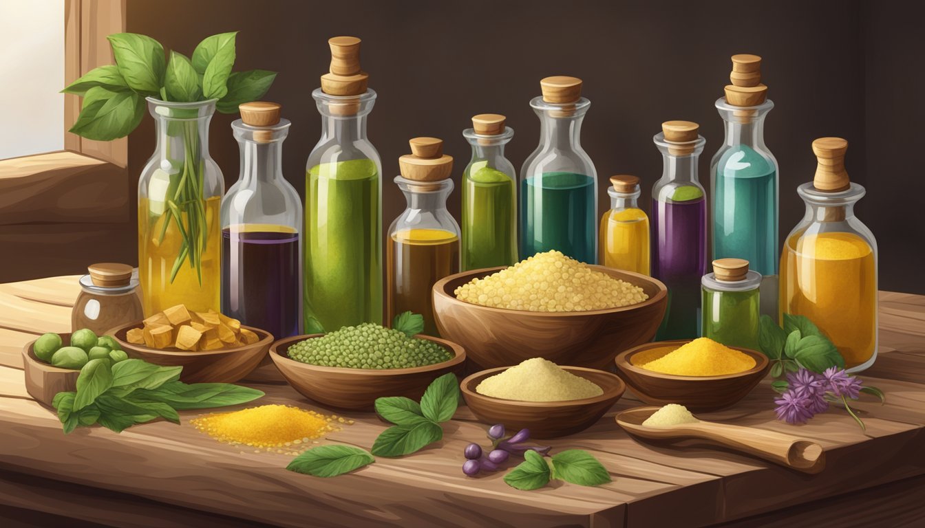 A rustic wooden table with various bottles of cold pressed oils, surrounded by fresh ingredients and a mortar and pestle