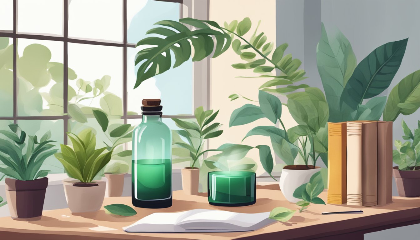 Aromatherapy scene: A serene workspace with diffuser emitting cold pressed oils, surrounded by books and plants, creating a calming and focused environment