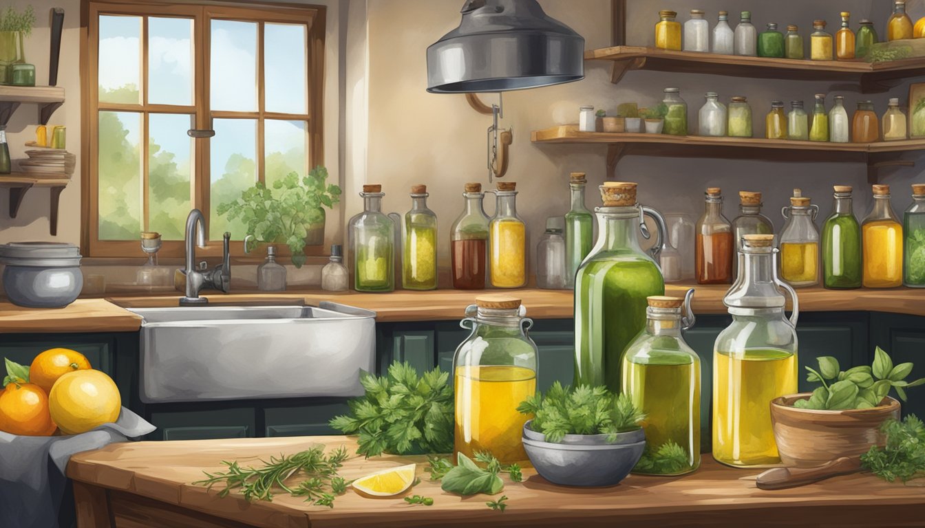 A rustic French kitchen with an array of colorful, glass bottles filled with various cold pressed oils, surrounded by fresh herbs and ingredients