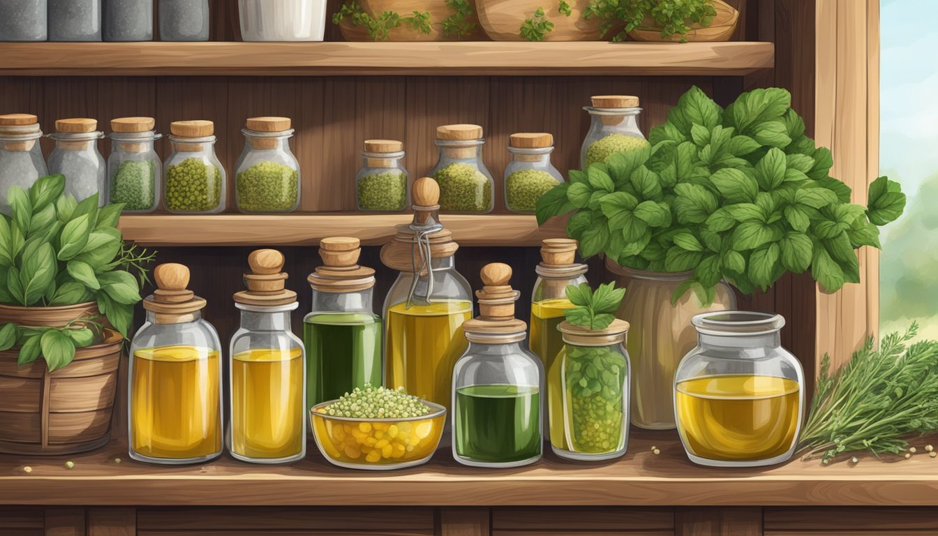 A traditional French kitchen with various cold-pressed oils displayed on a wooden shelf, surrounded by fresh herbs and ingredients