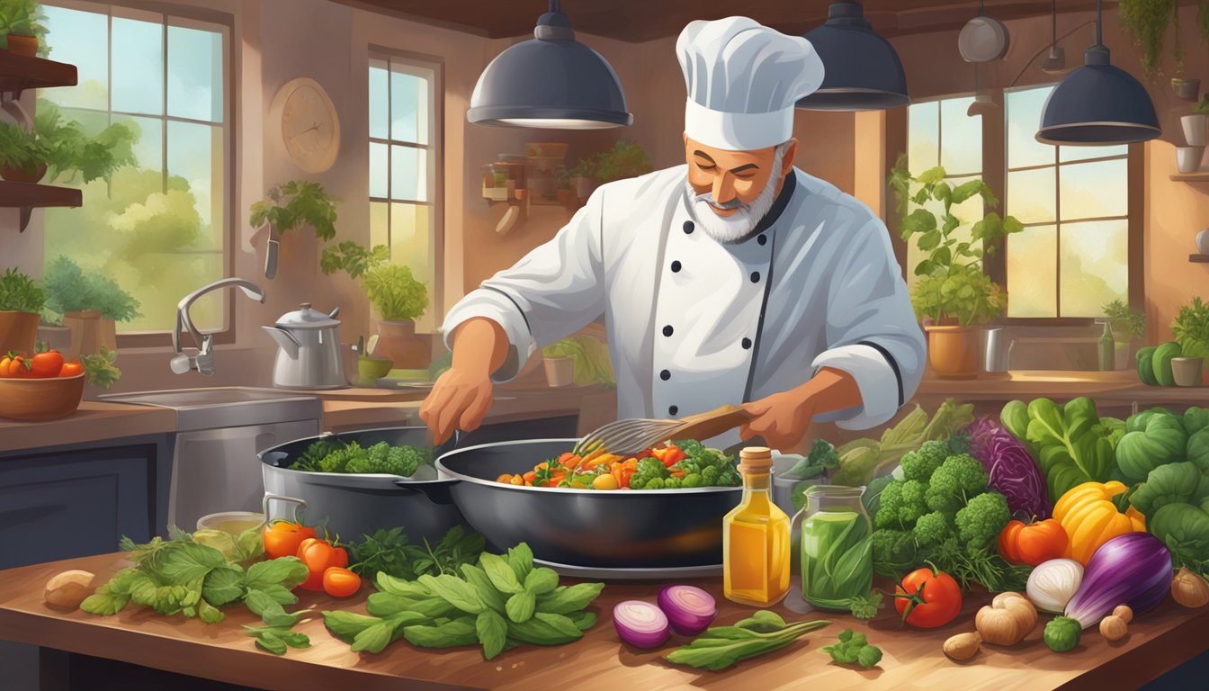 A chef pouring cold-pressed oils into a sizzling pan, surrounded by fresh herbs and colorful vegetables