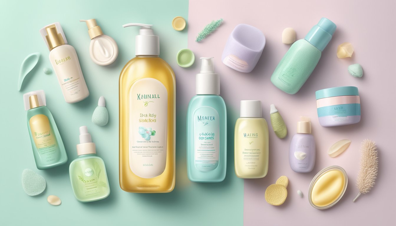 A baby bottle of cold pressed oil surrounded by soft, pastel-colored baby skincare and massage products on a clean, organized surface