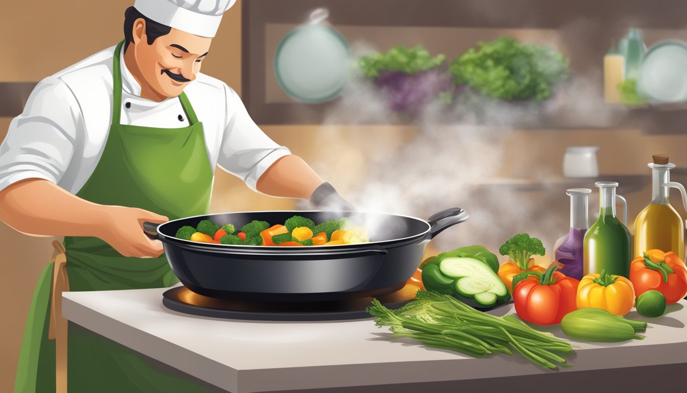 A chef pouring cold pressed oil into a sizzling pan of vegetables, releasing a rich aroma