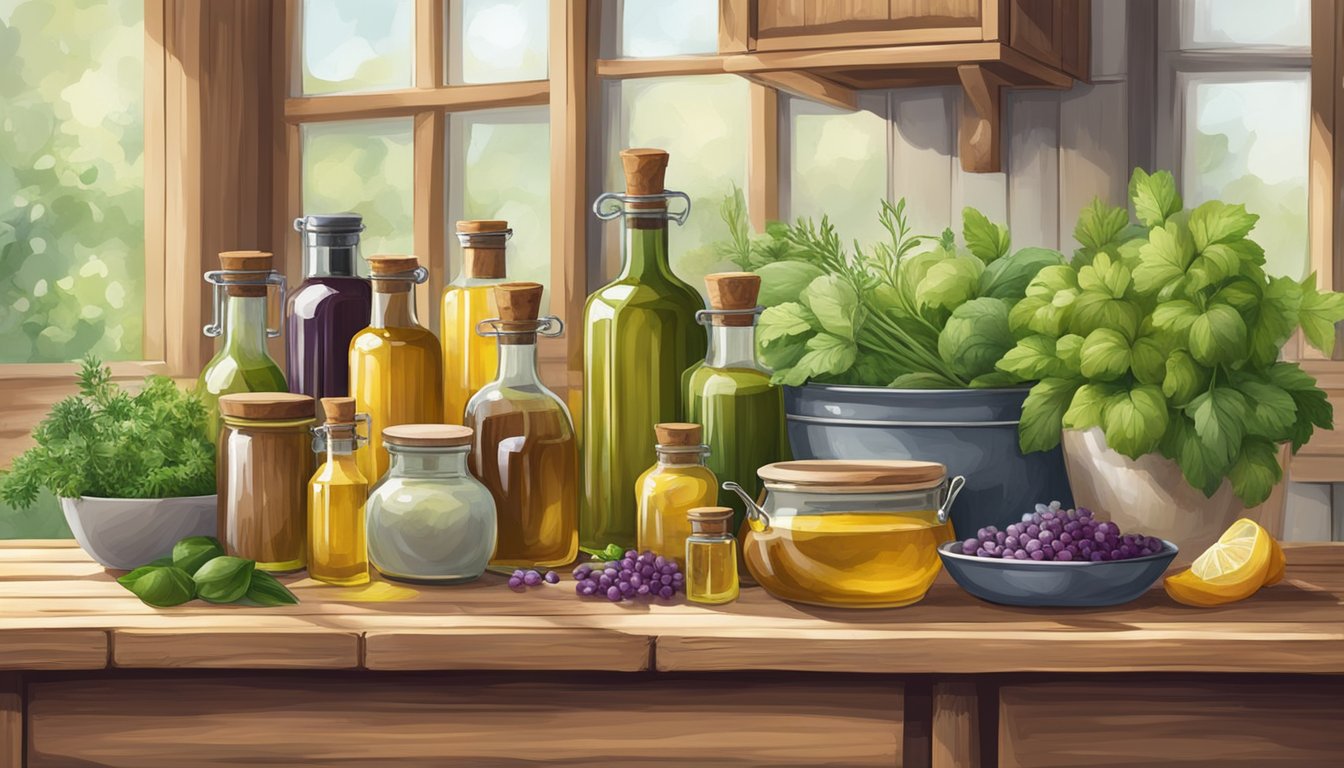 A rustic French kitchen with an array of colorful cold pressed oils displayed on a wooden table, surrounded by fresh herbs and vegetables