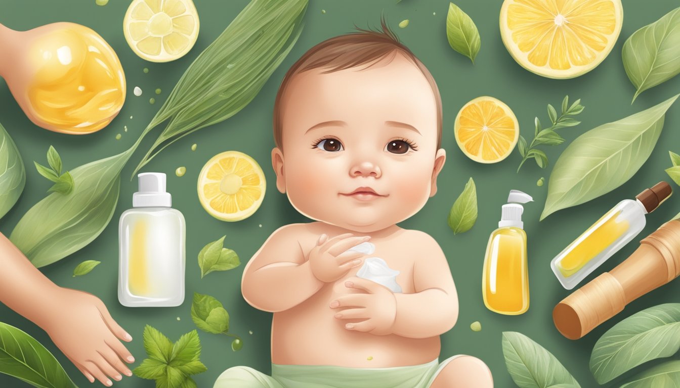 A serene baby surrounded by natural ingredients and gentle hands applying cold pressed oils for skincare and massage