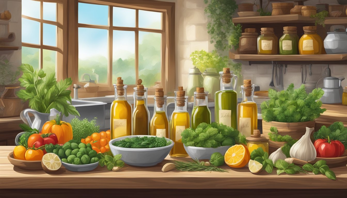 A rustic French kitchen with a variety of colorful cold-pressed oils displayed on a wooden table, surrounded by fresh herbs and vegetables