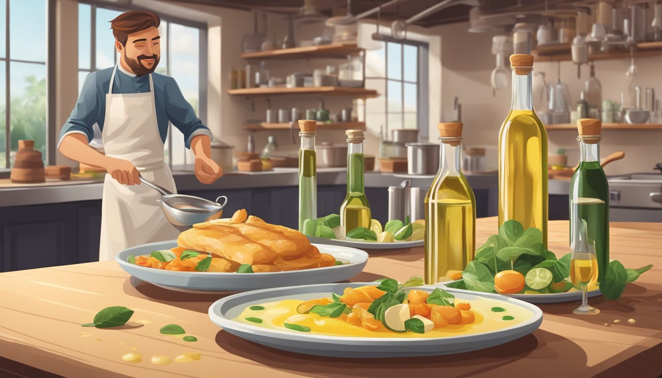 A chef drizzles cold pressed oil over a classic French dish, while a modern dish is being prepared with various bottles of cold pressed oils in the background