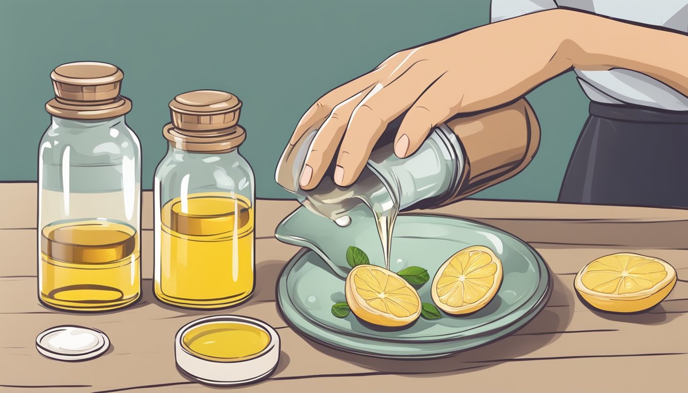 A person pouring cold-pressed oils into a bottle, with a jar of arthritis cream nearby