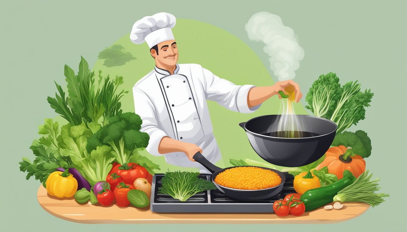 A French chef pouring cold pressed oil into a sizzling pan, surrounded by fresh herbs and colorful vegetables