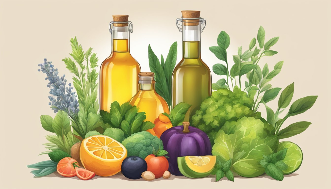 A bottle of cold-pressed oil surrounded by various fruits, vegetables, and herbs, with a focus on the natural ingredients and their potential health benefits for arthritis