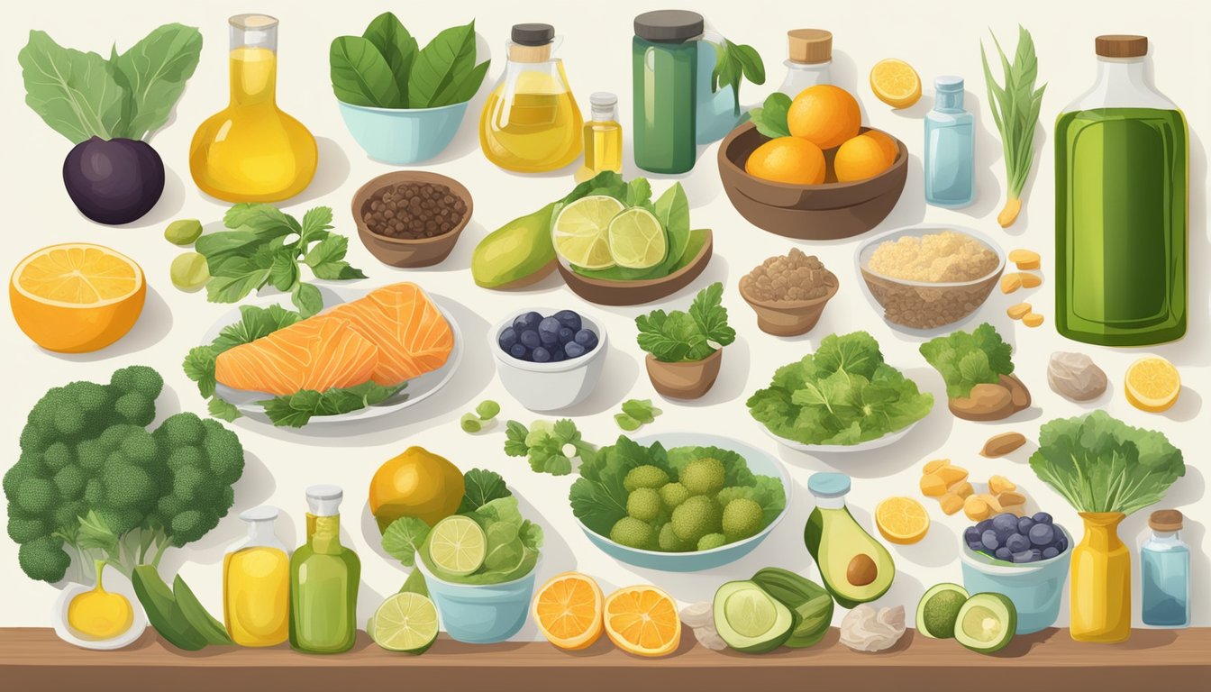 A table with various cold-pressed oils and thyroid-friendly foods, surrounded by thyroid gland illustrations and healthy living symbols