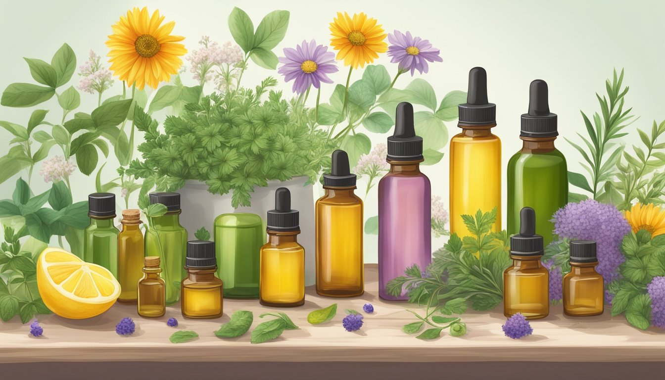 A table with assorted cold pressed oils, glass bottles, and essential oil bottles, surrounded by fresh herbs and flowers