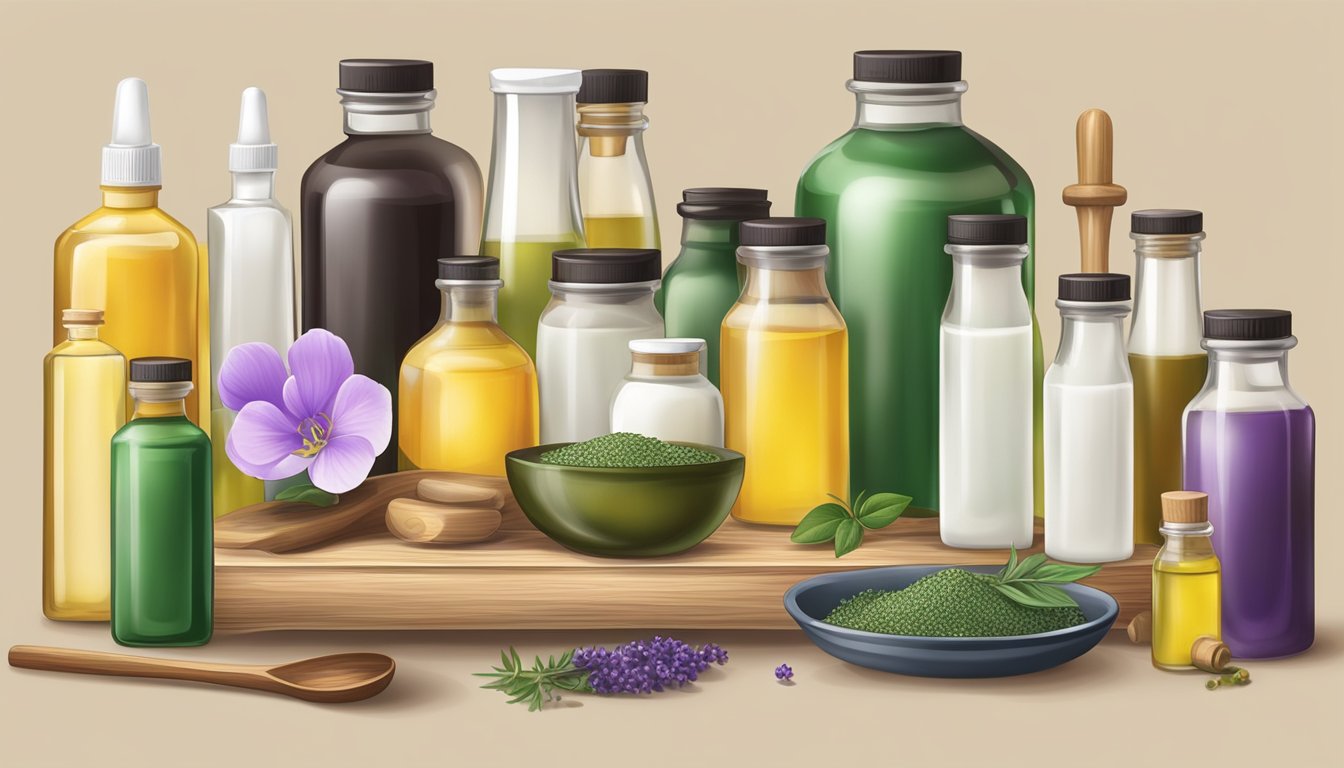 A table with various cold pressed oils, essential oil bottles, and mixing tools