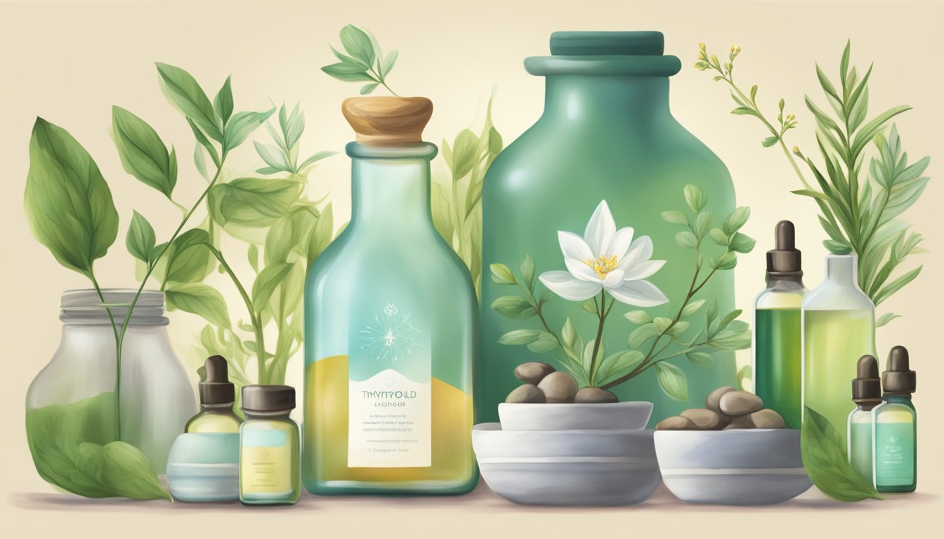 A serene setting with various cold pressed oils and a thyroid gland, symbolizing the connection between complementary therapies and thyroid health