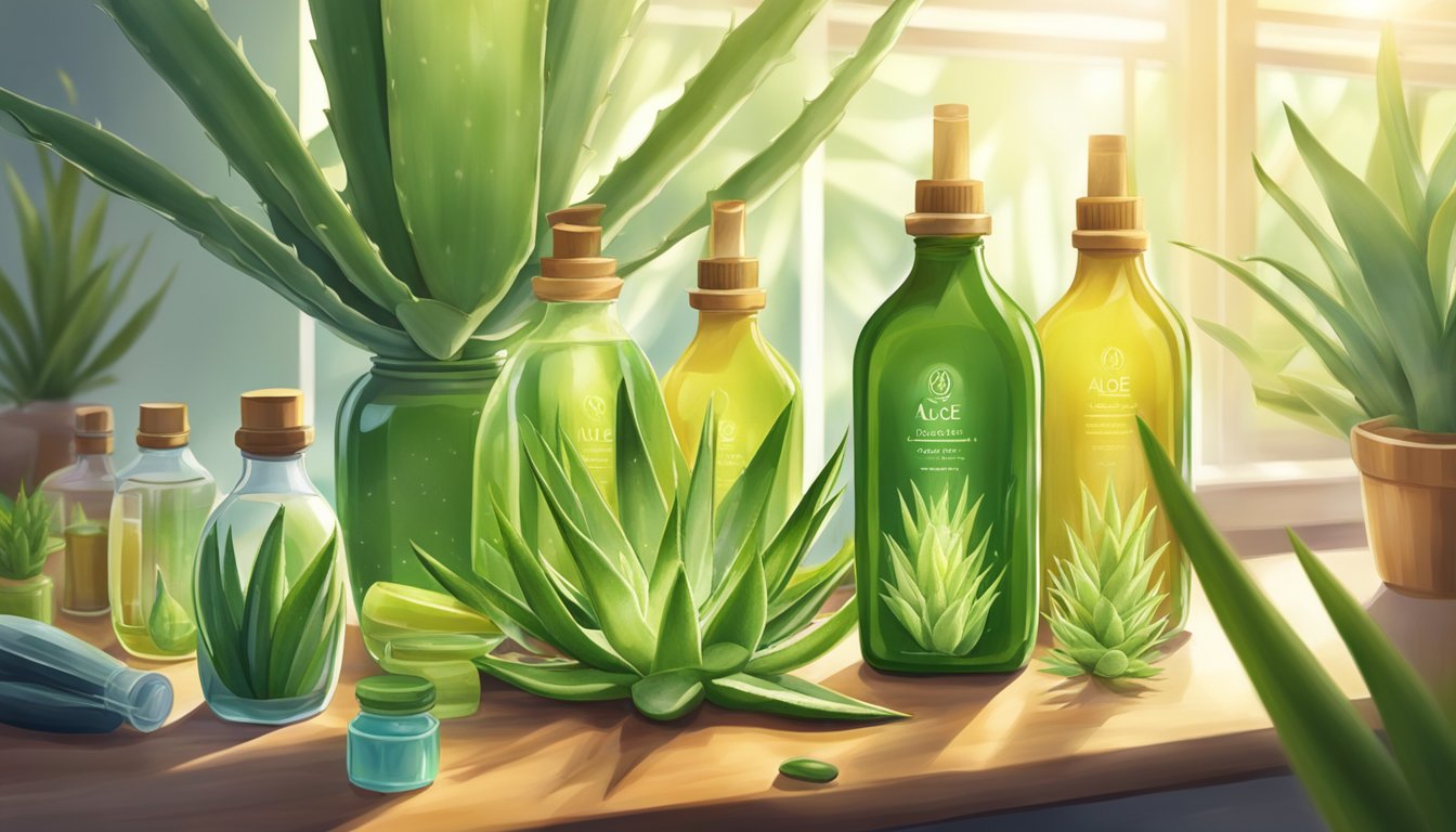 Aloe vera plant surrounded by bottles of cold pressed oils, with rays of sunlight shining down on them