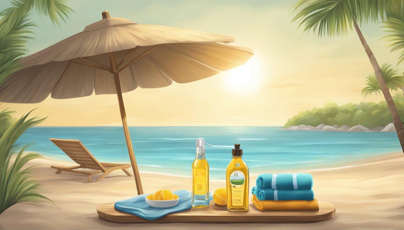 A serene beach scene with a bottle of cold pressed oil next to a sun umbrella and beach towel