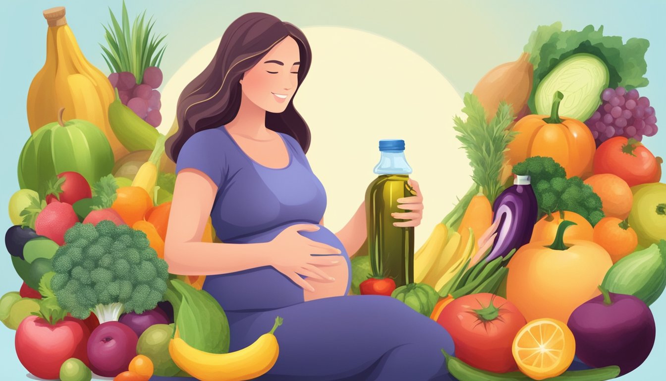 A pregnant woman holding a bottle of cold pressed oil, surrounded by various fruits and vegetables, with a glowing aura of health and vitality