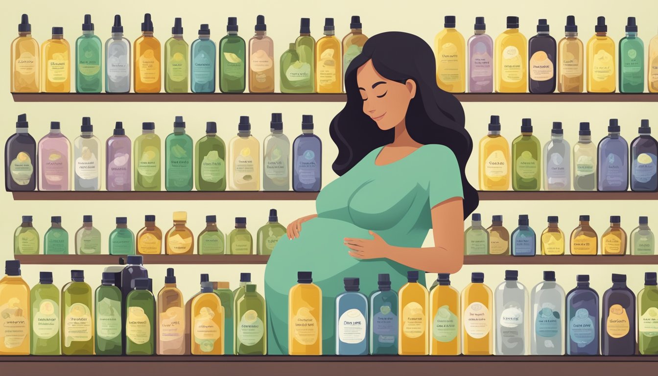 A serene pregnant woman surrounded by various bottles of cold-pressed oils, each labeled with their unique benefits for her and her baby's health