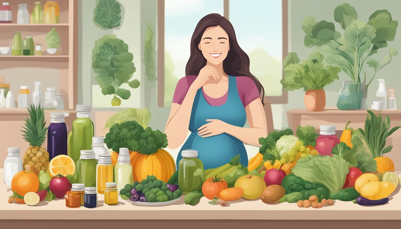 A pregnant woman sitting at a table with a variety of cold pressed oils, fruits, and vegetables, surrounded by information on the benefits of these oils for maternal health