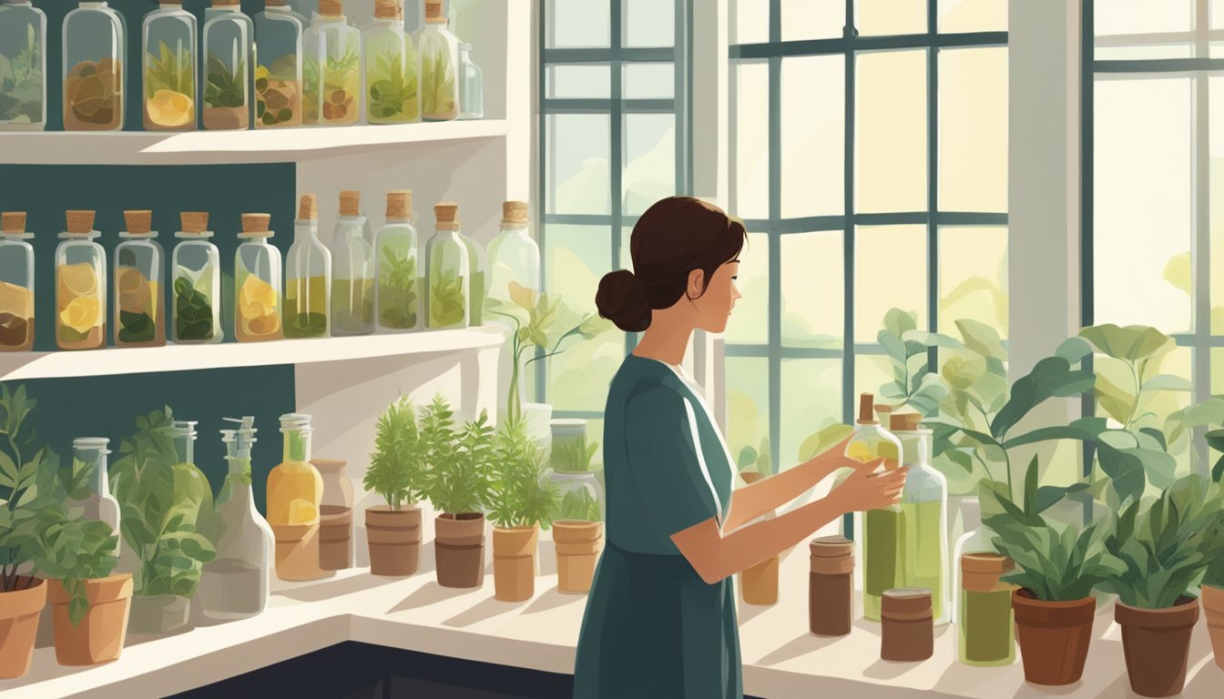 A serene, sunlit room with shelves of glass bottles filled with various cold pressed oils. A woman's hand reaches for a bottle, surrounded by plants and natural light