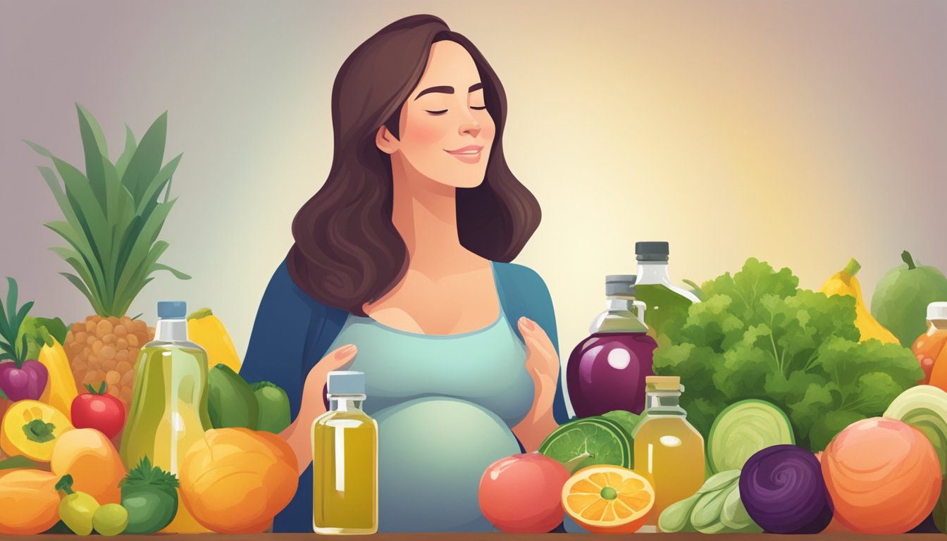 A pregnant woman enjoying a variety of cold pressed oils, surrounded by colorful fruits and vegetables, with a peaceful and content expression on her face