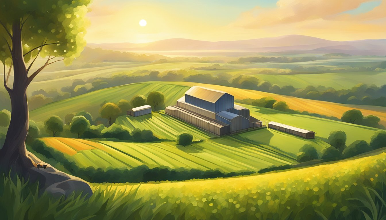 A serene countryside landscape with a small, eco-friendly cold pressing facility surrounded by fields of organic crops. Sunlight filters through the trees, highlighting the sustainable and ethical practices of oil production