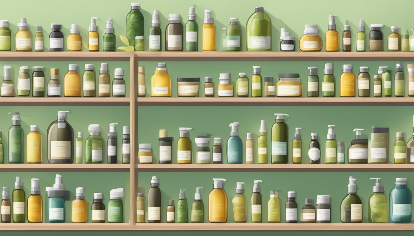 A shelf lined with various bottles of cold pressed oils, surrounded by natural skincare ingredients and a gentle, serene ambiance